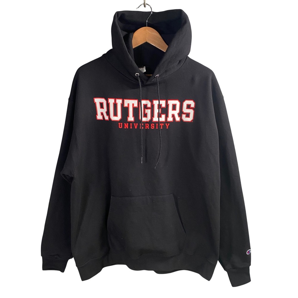 Champion Black Hoodie with Red Rutgers University Lettering